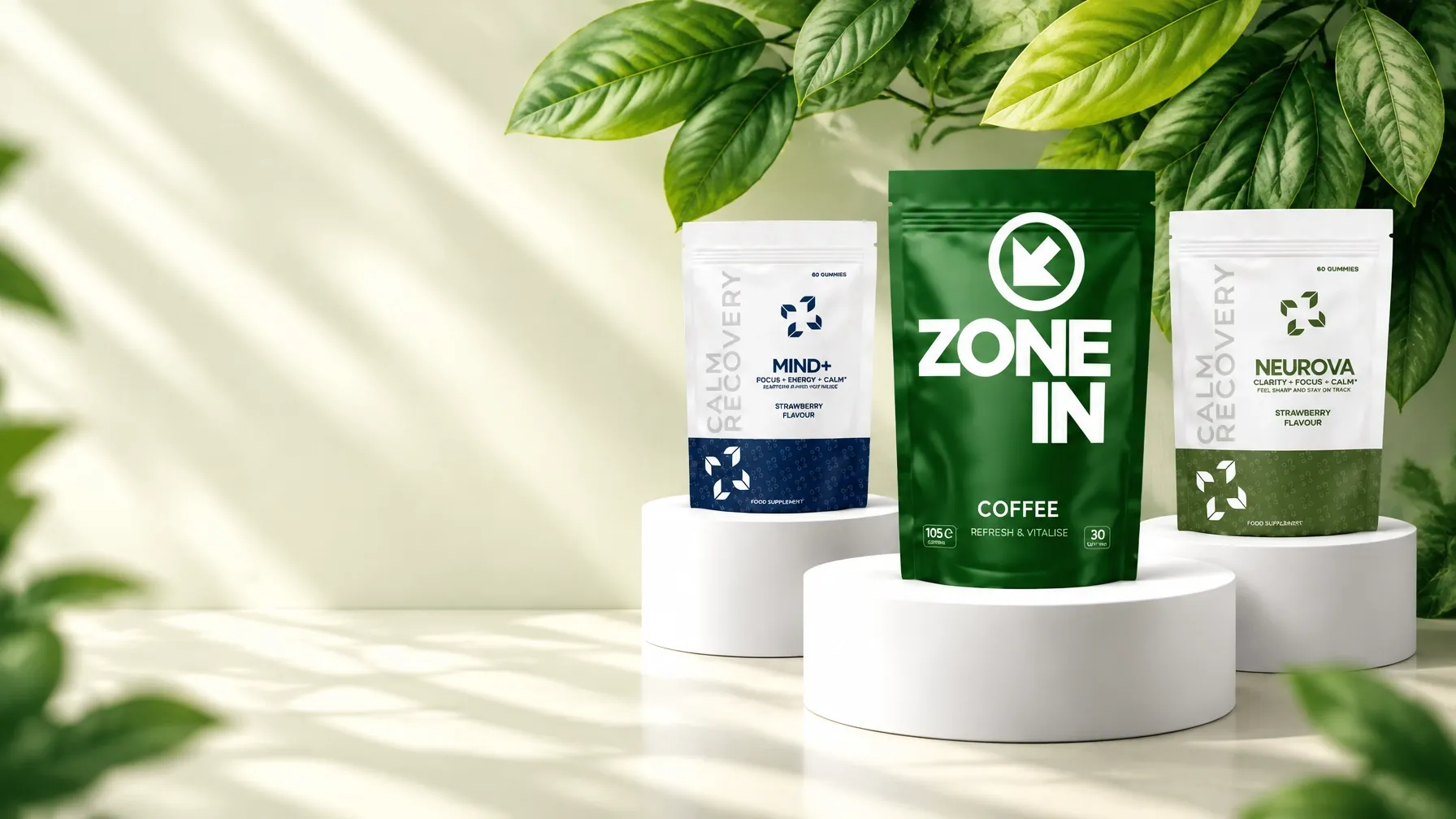 Calm Recovery NEUROVA and MIND+ gummies alongside ZONE IN mushroom coffee