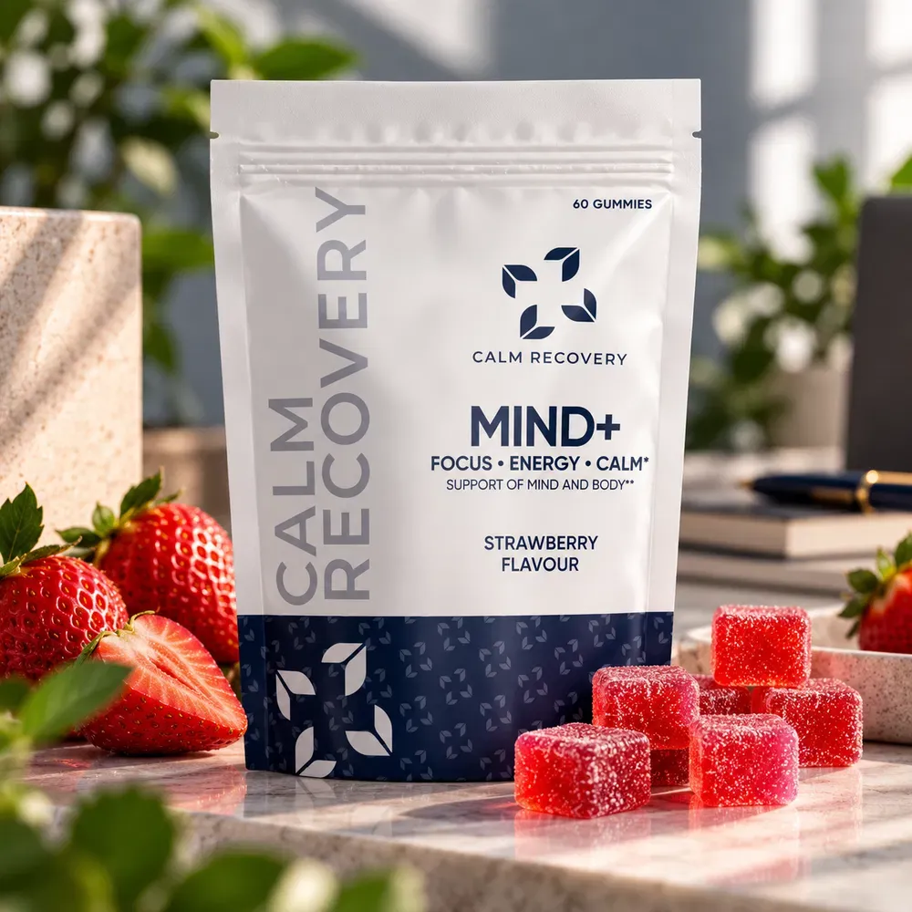 MIND+ strawberry gummies with fresh strawberries